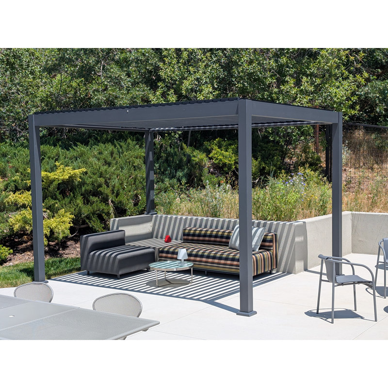 Pergola à auvent motorisée en aluminium, Gris foncé, Clôture en bois x P 10 po