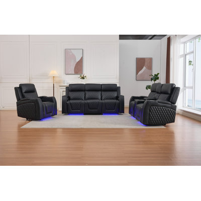 3-Piece Power Reclining Living Room Set with Bluetooth Speakers, LED Lights, Cup Holders & Storage 