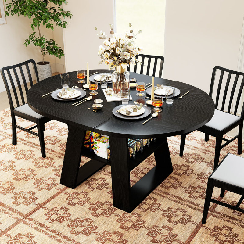 Table de salle à manger extensible ronde pour 4 à 8 personnes, table de cuisine avec feuilles amovibles et tablette, Noir