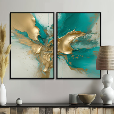 Marbre doré et turquoise Fuild Ink II - art abstrait sur toile marbrée abstraite