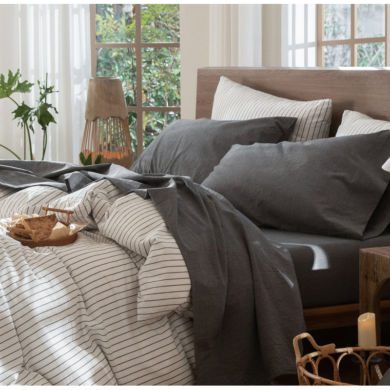 MooMee Sheet Set Extra Deep Pocket 100% Washed Cotton Linen Like Textured Lightweight Breathable, Dark Gray