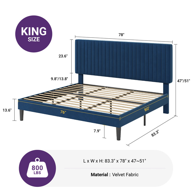 Lit plateforme tapissier en velours avec tête de lit capitonnée verticale ajustable, Bleu, Très grand