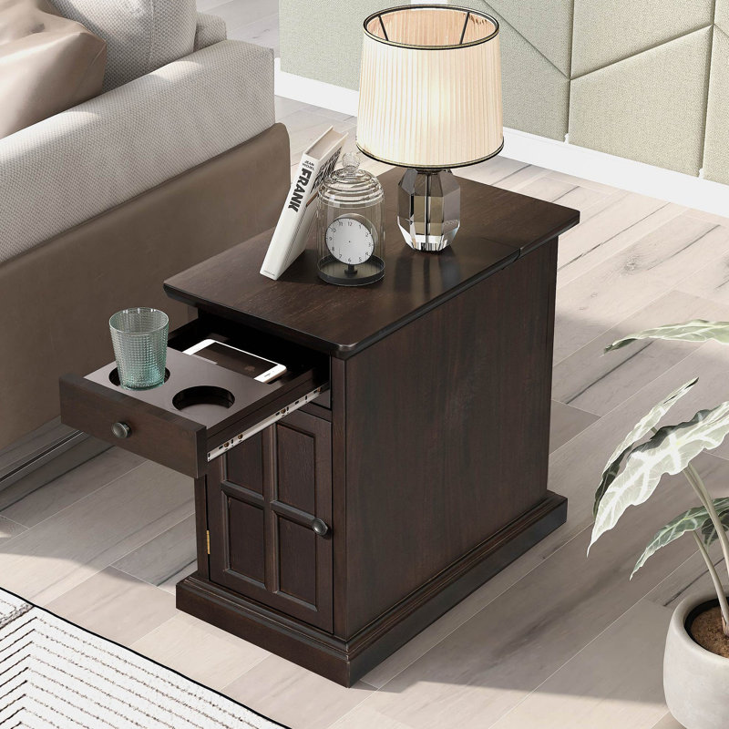Table d'appoint Classic Vintage Livingroom avec ports USB et un tiroir multifonctionnel avec porte-gobelets, Espresso antique