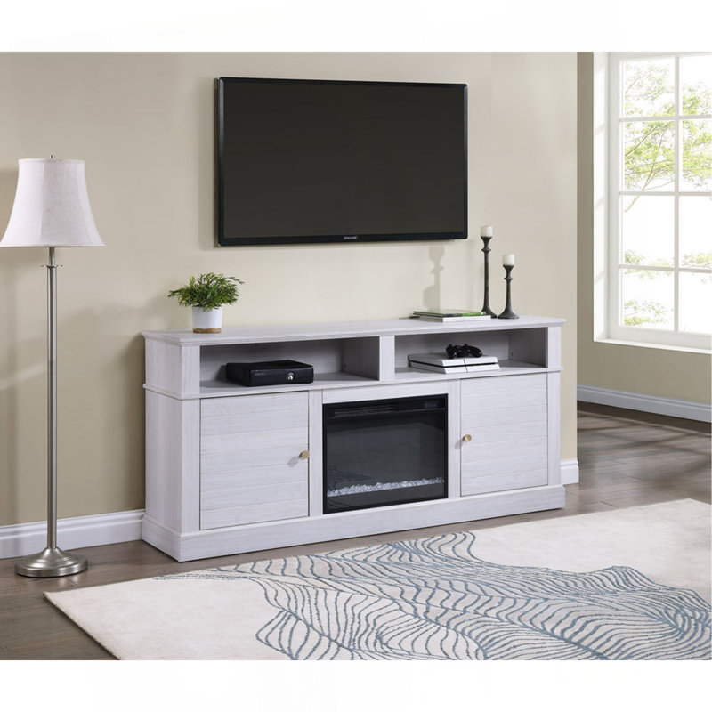 Console de meuble télé avec foyer et chauffage Iris, Blanc/noyer