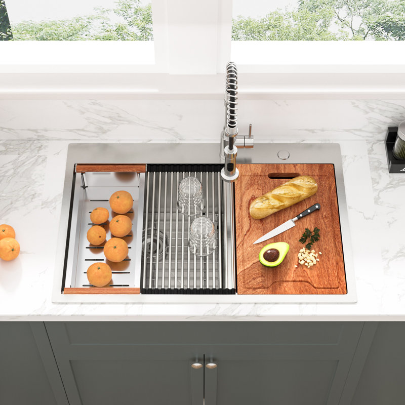 Évier de cuisine à double cuve encastrable 33 po à double cuve encastrable en acier inoxydable de calibre 16 avec accessoires