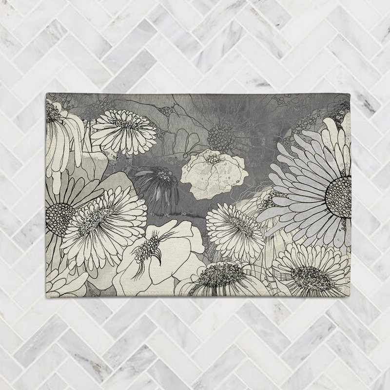 Flowers On Grey Chenille Floral Indoor Rug, Rectangle 2' x 3'