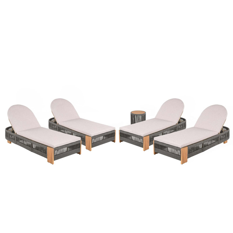 Outdoor Rope Chaise Lounge Set With Wood Side Table And Cushions,Chaise Lounge With Adjustable Backrest,Set Of 4, 4