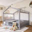 Lit de maison double à structure en bois avec clôture-738271370-738271366