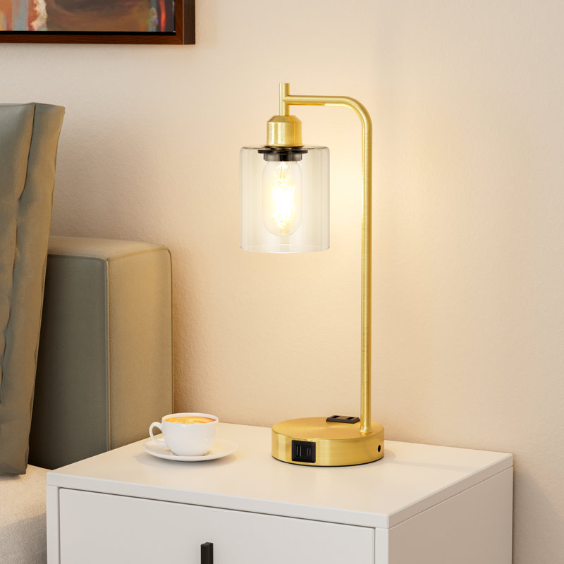 16.5'' Industrial Glass Table Lamp Set with Touch Control, AC Outlet and USB A&C, Gold