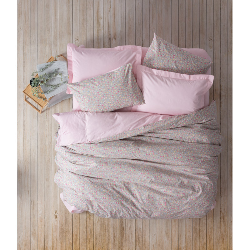 Ensemble de housse de courtepointe 100% coton Ranforce, rose et gris | Housse de couette et taies d'oreiller | Lavable à la machine à 104 ° F, 145 fils, fermeture à boutons | Literie douce, durable et élégante pour une chambre à coucher confortable