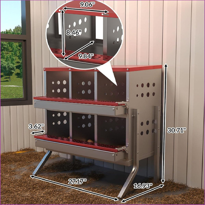 6 Compartment Chicken Nesting Box - Heavy Duty Metal Coop with Roll Away Egg Collection, Perch, Lid Cover for Egg Protection - Wall Mount/Free Standing Nest Box for Chickens, Hens, Ducks