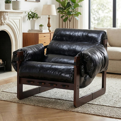 Mid-Century Modern Accent Chair, Oil-Waxed Faux Leather Reading Armchair with Solid Wood Frame, Ergonomic Lounge Seating for Living Room, Office & Studio