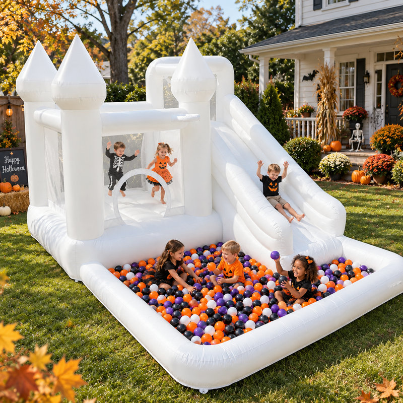 Château gonflable blanc 13,7 pi avec glissade, fosse à balles et souffleur, château gonflable en tissu Oxford pour enfants, jeux d'intérieur et d'extérieur