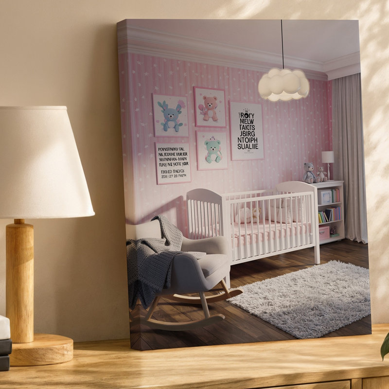 La toile crée une scène de chambre de bébé douillette et fantaisiste mettant en vedette une pièce doucement éclairée au mur avec des murs rose pastel ornés de délicates impressions sur toile