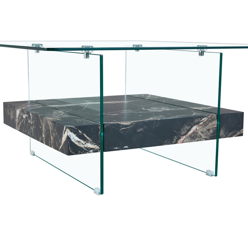 31.4 Inch Modern Two-Tier Square Coffee Table - An Elegant Combination Of Clear Glass And Marble Pattern Sticker.It Can Be Used As A Coffee Table,A Side Table Or A Display Stand.