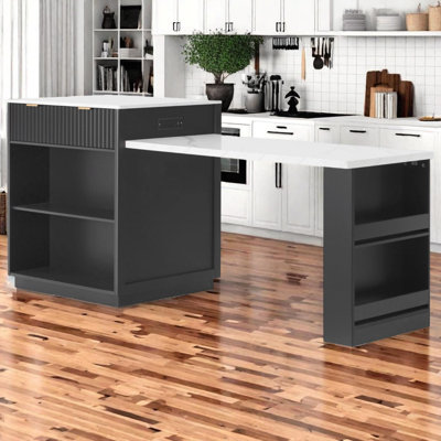 82.6" Fluted Kitchen Island with Extendable Dining Table for 4-6, Double-Sided Storage & Power Outlet