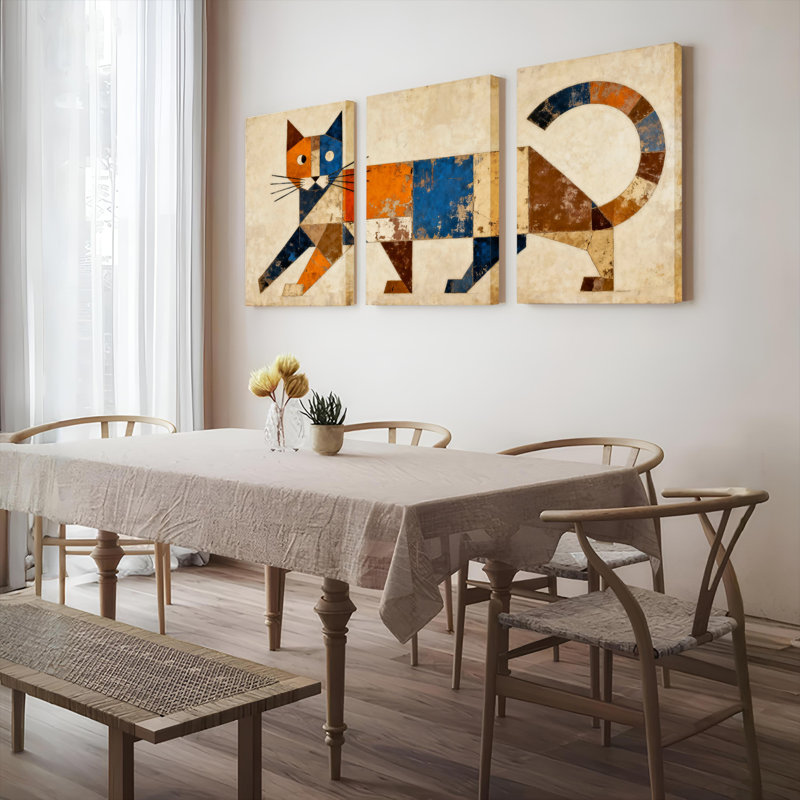 «Geometric Cat Abstract», reproduction d'art sur toile tendue sur toile (ensemble de 3), H 24 po x l 48 po