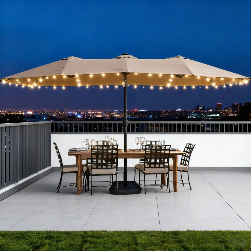 Grand parasol extérieur taupe 15 x 9 pi, double face rectangulaire avec lumière et base, Gris
