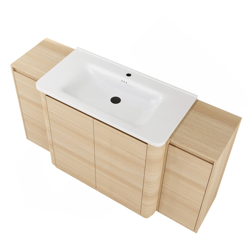 Ensemble de meuble-lavabo autoportant 60 po avec lavabo en céramique blanche 60 po, 2 petites armoires de rangement, porte à fermeture douce, chêne blanc américain, contreplaqué