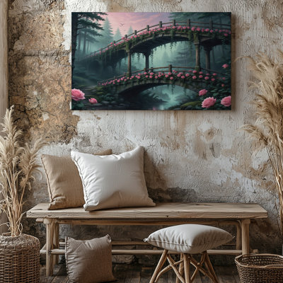 Pont romantique en pierre avec roses roses sur une rivière forestière tranquille, reproduction d'art sur toile pour le salon, la chambre à coucher, le bureau, le couloir, le vestibule, le mur de la galerie et la décoration intérieure moderne