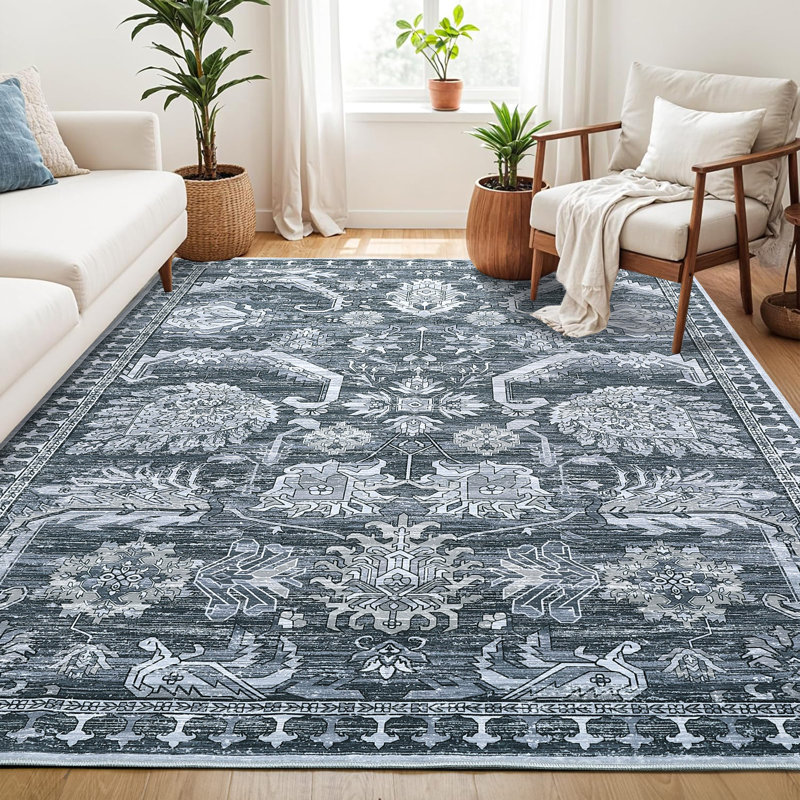 Oriental Machine Washable Rug with Rubber Backing for Living Room Vintage Non-Slip Dining Room Rug Floral Printed Faux Wool Rugs for Bedroom Floor Carpet for Office Nursery Playroom