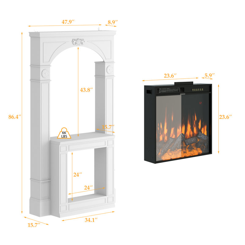 Decaro 48'' W X 86.4'' H Fireplace Mantel With 24'' Electric Fireplace Insert, Relief Carved Surround