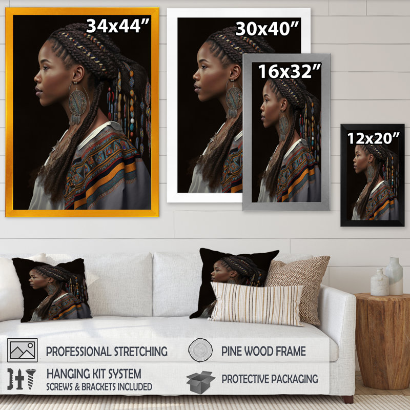 Femme afro-américaine, vêtements traditionnels V sur toile, Cadre photo noir, H 20 po x l 12 po x P 1 po