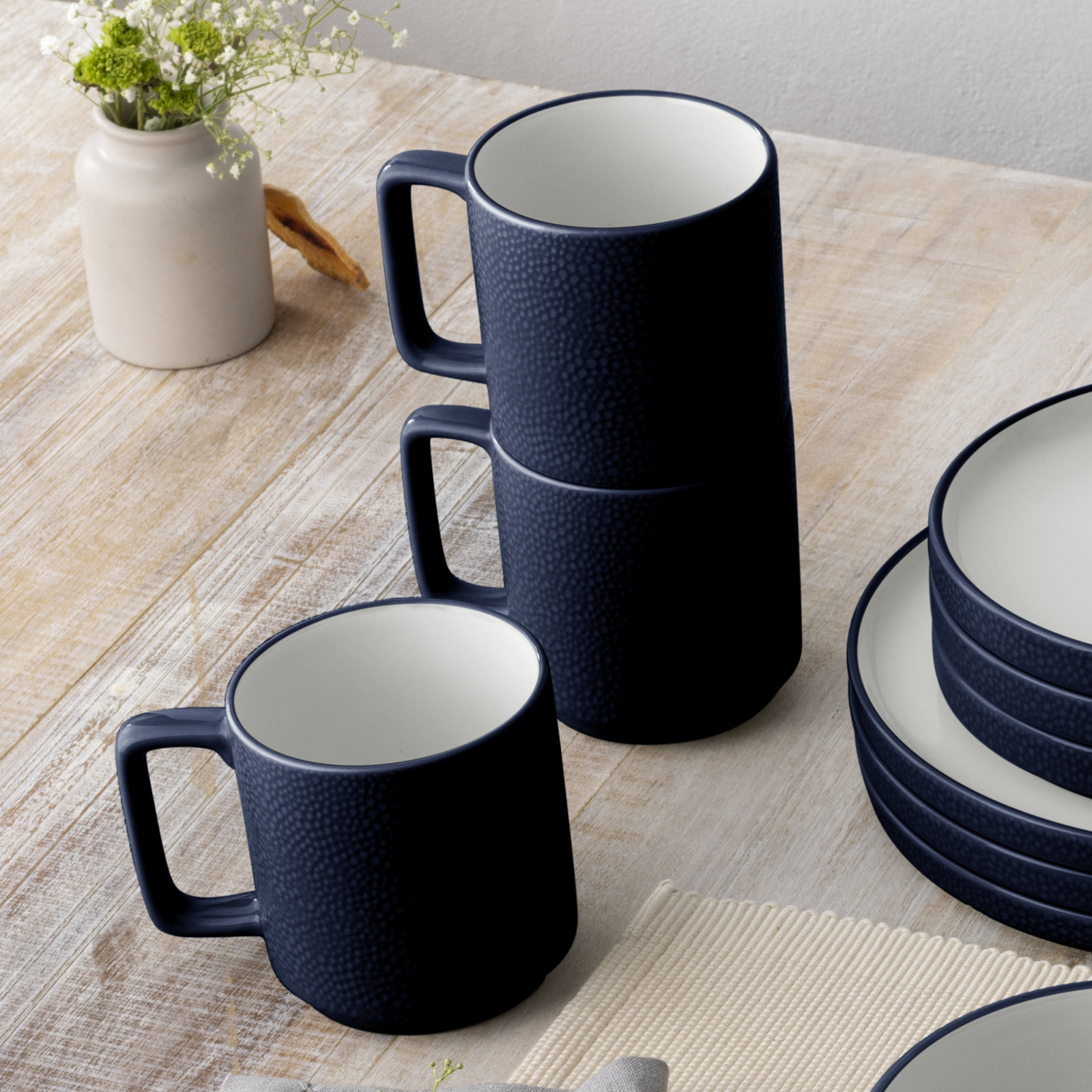 Noritake Colortex Stone Stax Mugs, 16 Oz., Set of 4, Navy