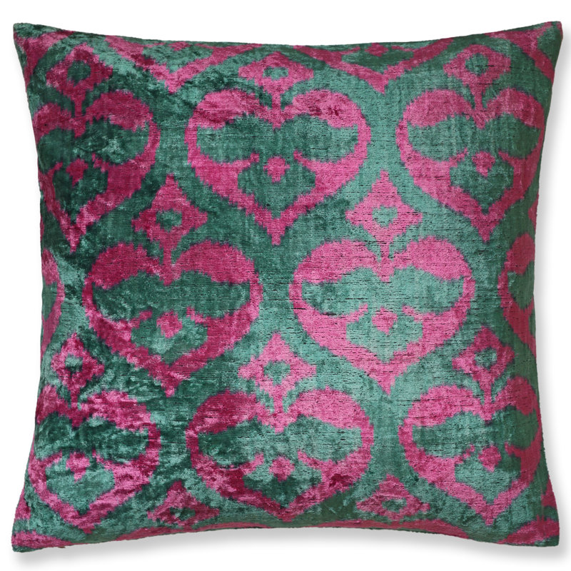 Coussin en velours de soie vert émeraude et magenta – 50 x 50 cm