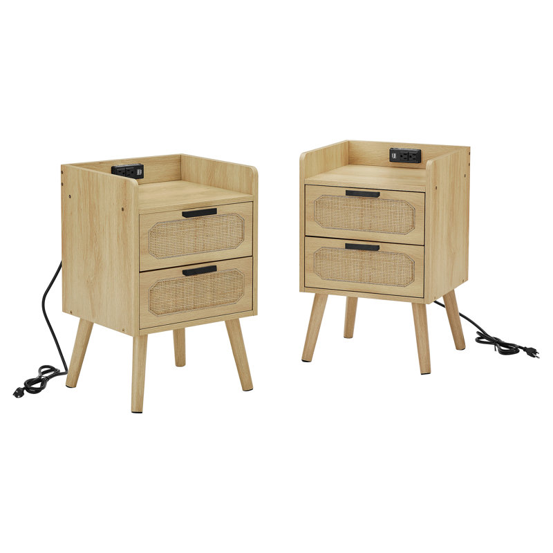 Rattan Nightstand With Socket Side Table Natural Handmade Rattan, Set Of 1 Or 2