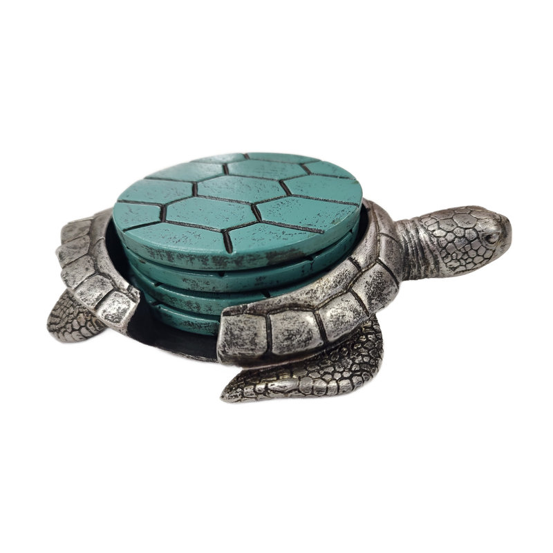 Silver Turtle with Turquoise Shell Resin Coaster Set with Holder