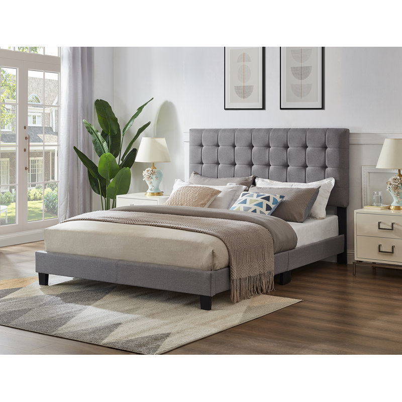 Lit capitonné contemporain avec tête de lit ajustable, en lin gris, format King, Très grand lit, Gris