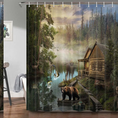 Wildlife Retreat Shower Curtain - Vintage Cabin Scenery, Natural Lake House Decor, Farm Animals & Camping Theme, Fabric Bathroom Set with Hooks