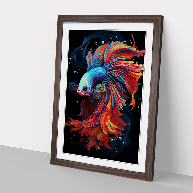 Siamese Fighting Fish Tachisme - Single Picture Frame Print on Wood, Walnut Framed, 46cm H x 34cm W
