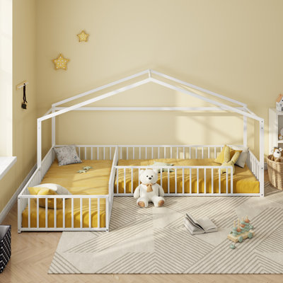 Double Twin Size L-Shaped Montessori Bed, Metal Corner House Bed Frame with Safety Fence, Ideal for Kids' Rooms and Play Areas
