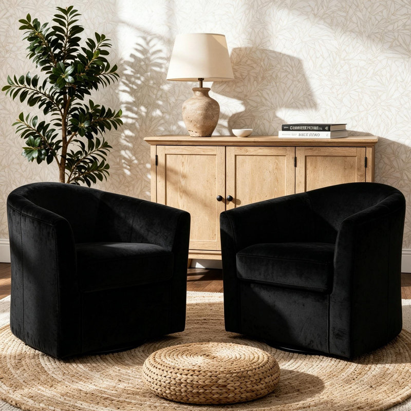 Fauteuil demi-tonneau pivotant en velours noir rembourré, Noir