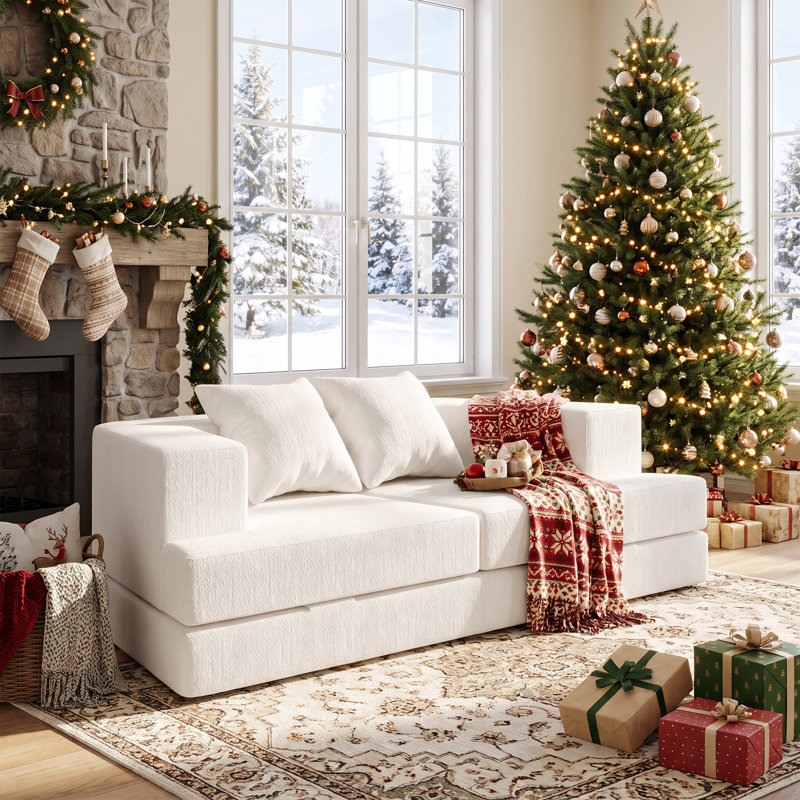 Canapé modulable, canapé convertible 2 places à assise profonde et coussins décoratifs, Blanc