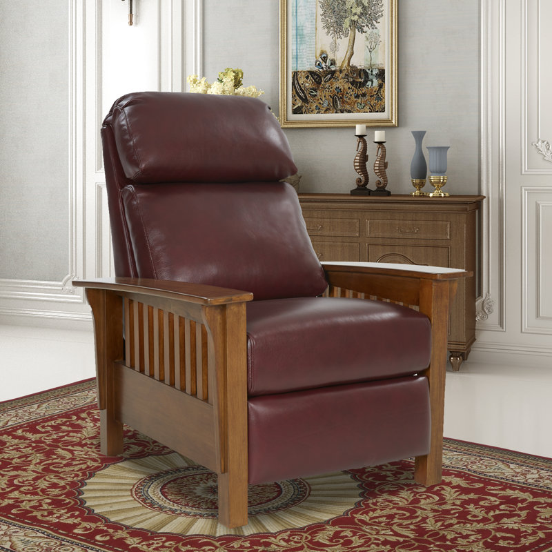 Rinker Recliner, Burgundy Genuine Leather, Mahogany