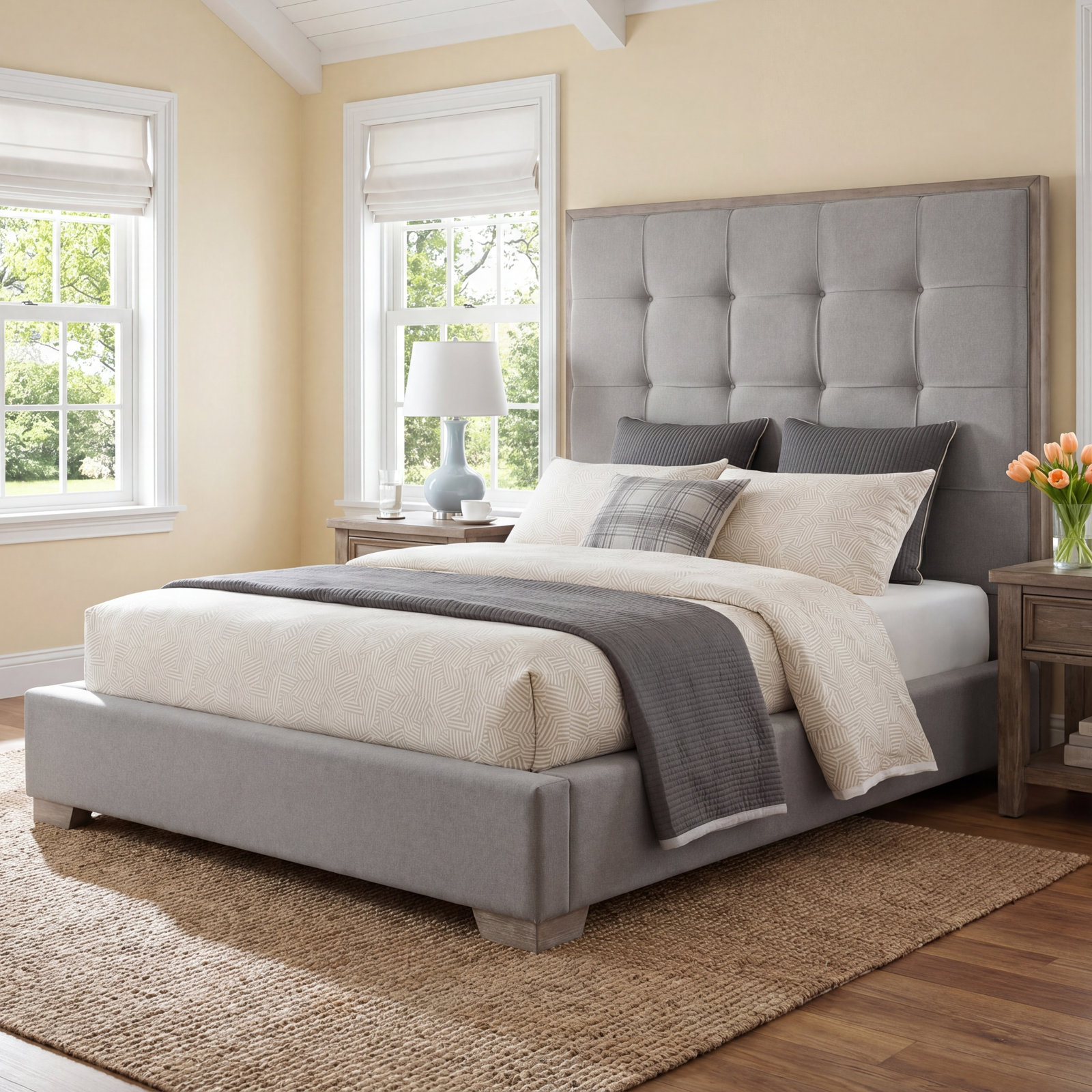 Solid Wood Platform Bed, Gray, Queen