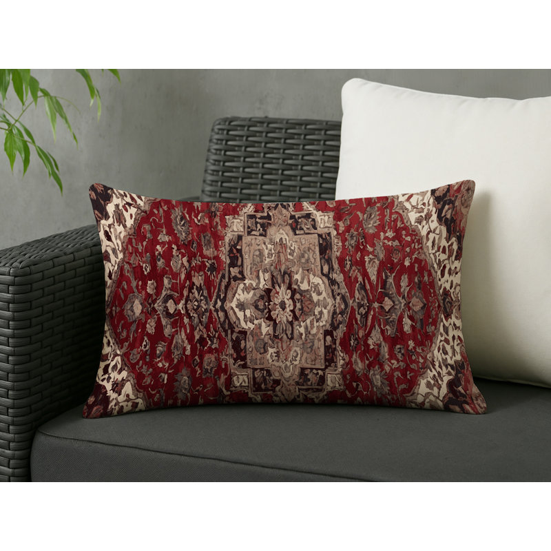 Coussin décoratif intérieur et extérieur Modern, Rouge / beige / damas noir, Rectangle H 25 po x l 18 po