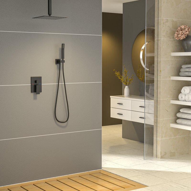Matte Black 12" Ceiling Mounted Rain Shower System with Handheld Spray