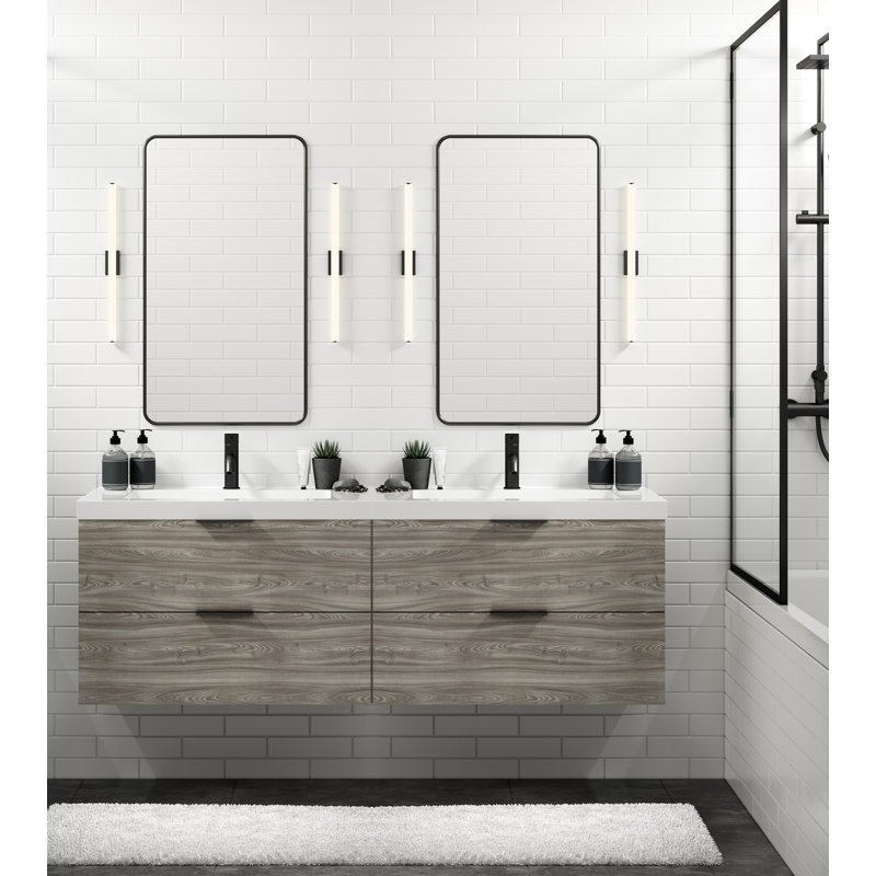 Avila 72" W Wall Mounted Double Bathroom Vanity, Satin Brass, White Acrylic, Matte White/8" Widespread