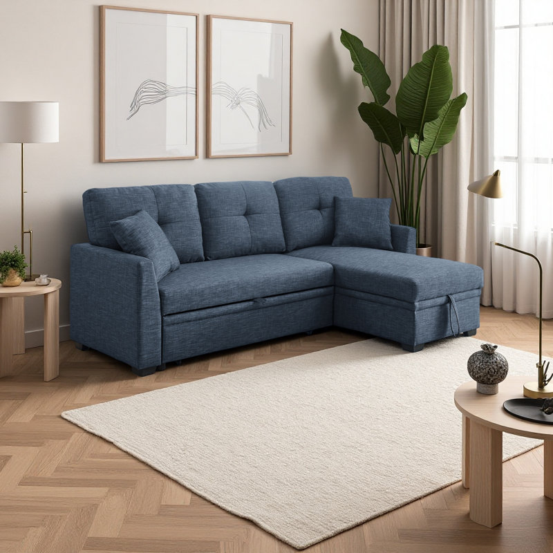 Modular Sleeper Sectional Sofa With Storage, Blue Polyester