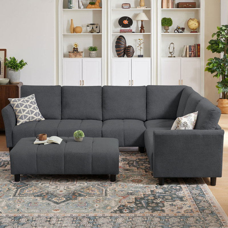 Canapé modulaire réversible "l 102,56" avec siège d'angle et banc allongé, Tissu gris foncé