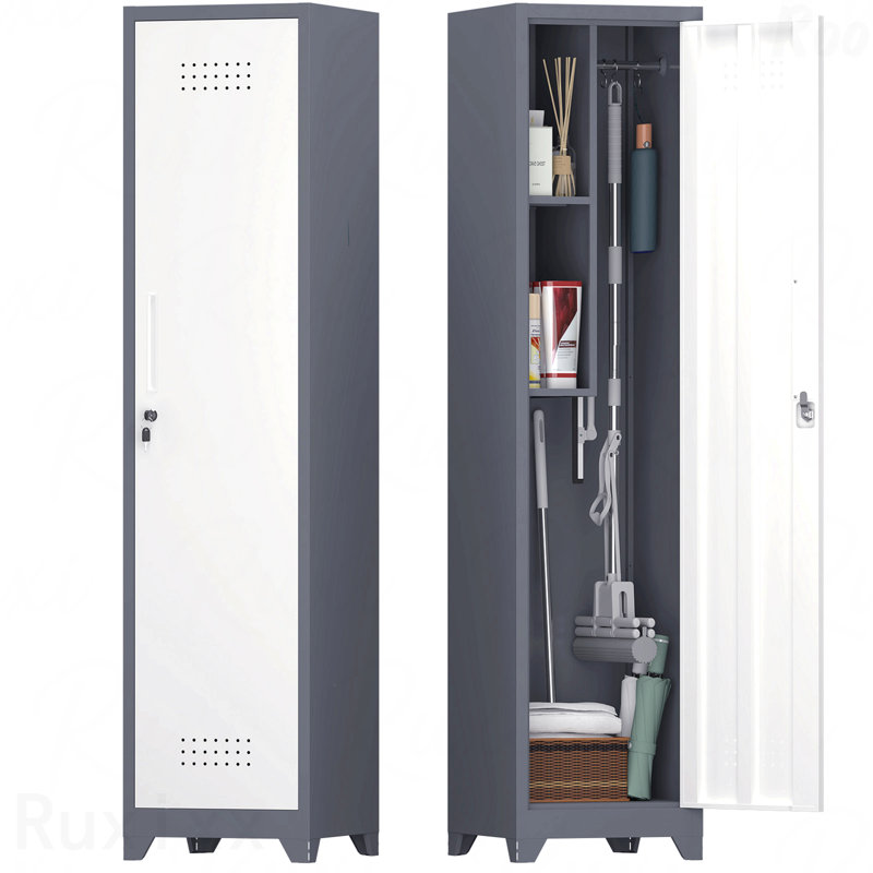 65" Narrow Metal Broom Storage Organizer Cabinet With Hooks Slim Bathroom Storage Cabinet With Shelves Heavy-Duty Cleaning Storage Cabinet For Utility Room Gym Office Garage Utility Shelves