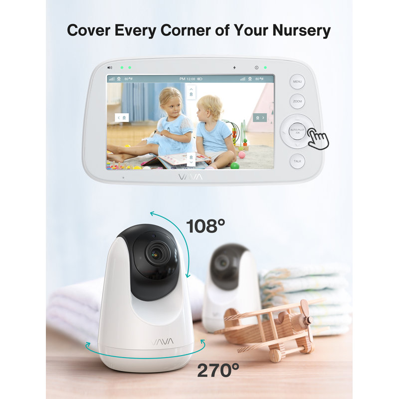 Moniteur vidéo pour bébé sans connexion Wi-Fi, moniteur pour bébé à écran plat de 5 po avec écran divisé de 2 Hp avec 2 caméra et audio, vision nocturne infrarouge, zoom 2x, longue portée de 900 pi, batterie de 4500 mah, conversation audio bidi