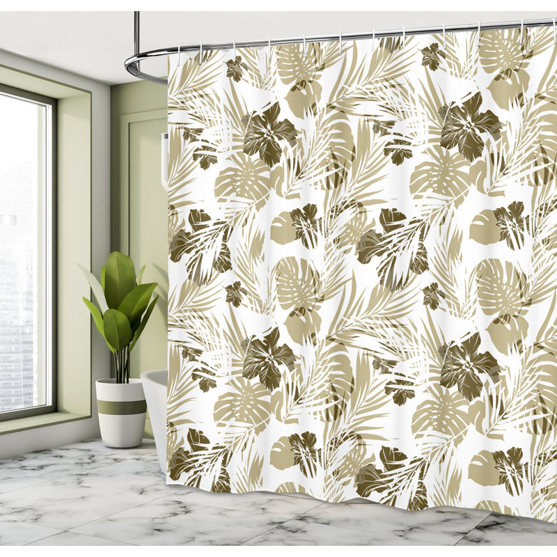 Floral Shower Curtain with Hooks Included, 75" H x 69" W, White Khaki