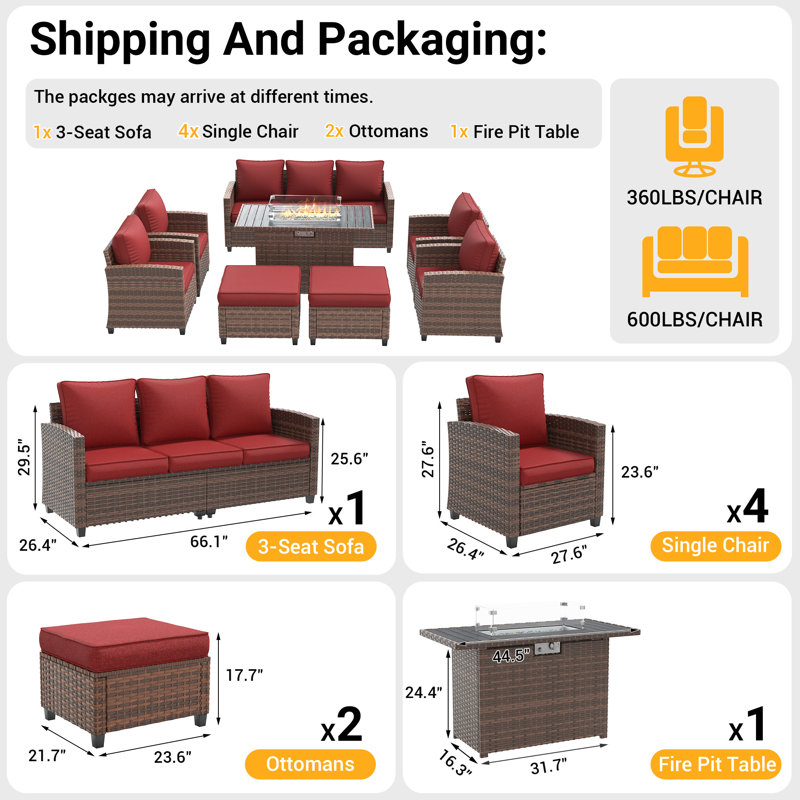 7-Person Outdoor Seating Group With Fire Pit Table, Red, Brown