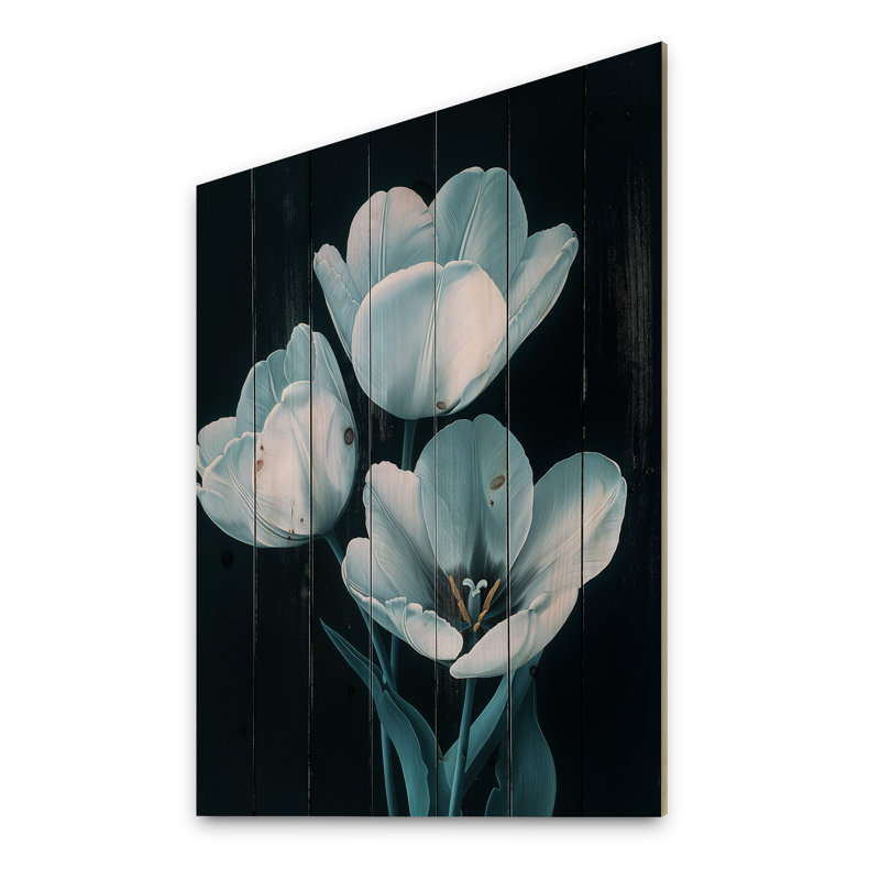 Tulipes bleues et blanches de lune de minuit - décoration murale en bois de tulipes - sur bois de pin naturel