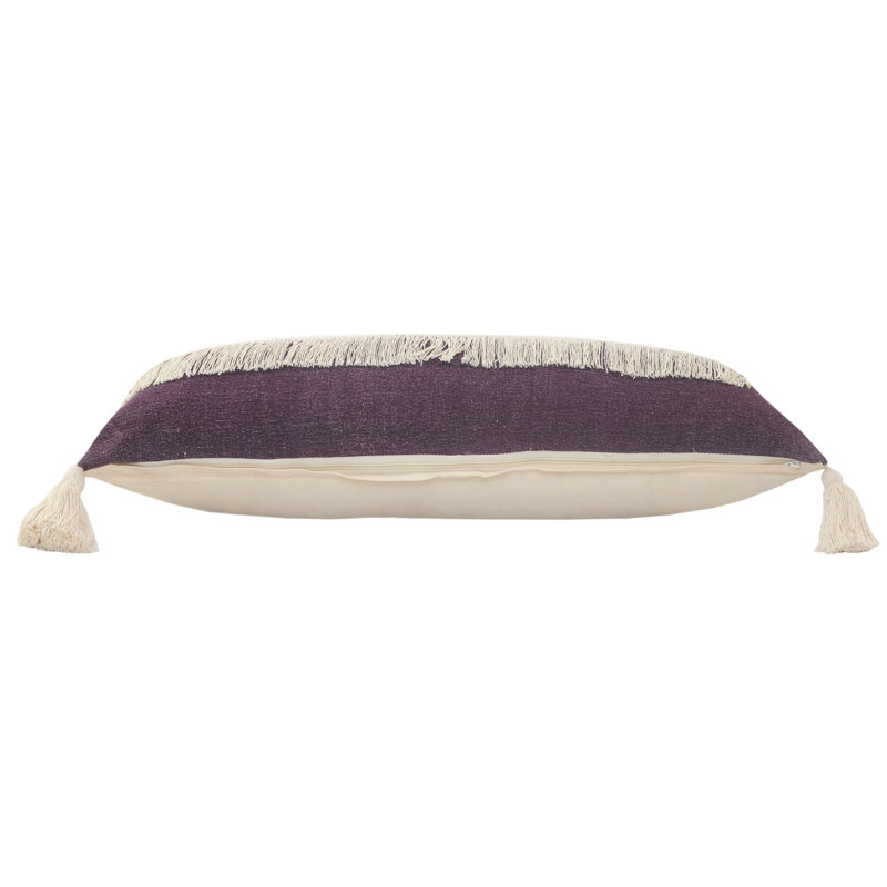 Purple and Off-White Cotton Fringe Lumbar Pillow, 14" x 36"